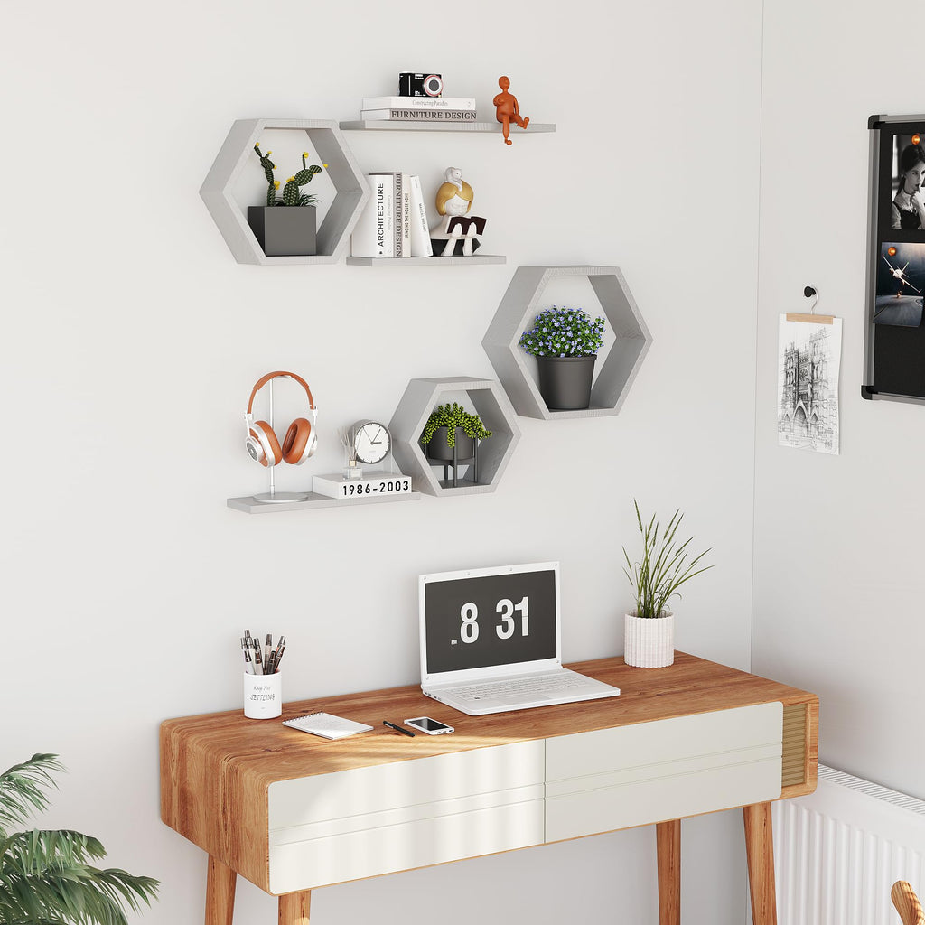 Wooden Hexagon Floating Shelves Wall Mounted, Set of 6 Pine Hexagon Shelves Display for Photos, Plants, Rustic Honeycomb