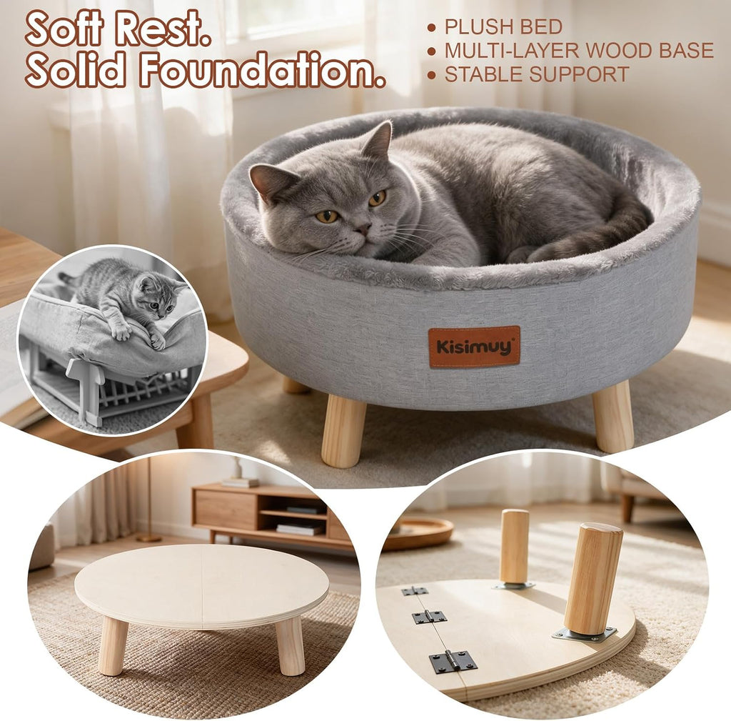 Raised Cat Bed Wooden for Indoor Cats, Cute Cat Couch with Cushion