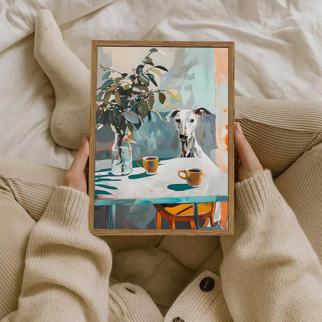 Funny Whippet Wall Art, Cute Greyhound Dog Coffee Wall Decor Painting Vintage Animal Poster Canvas Print Picture