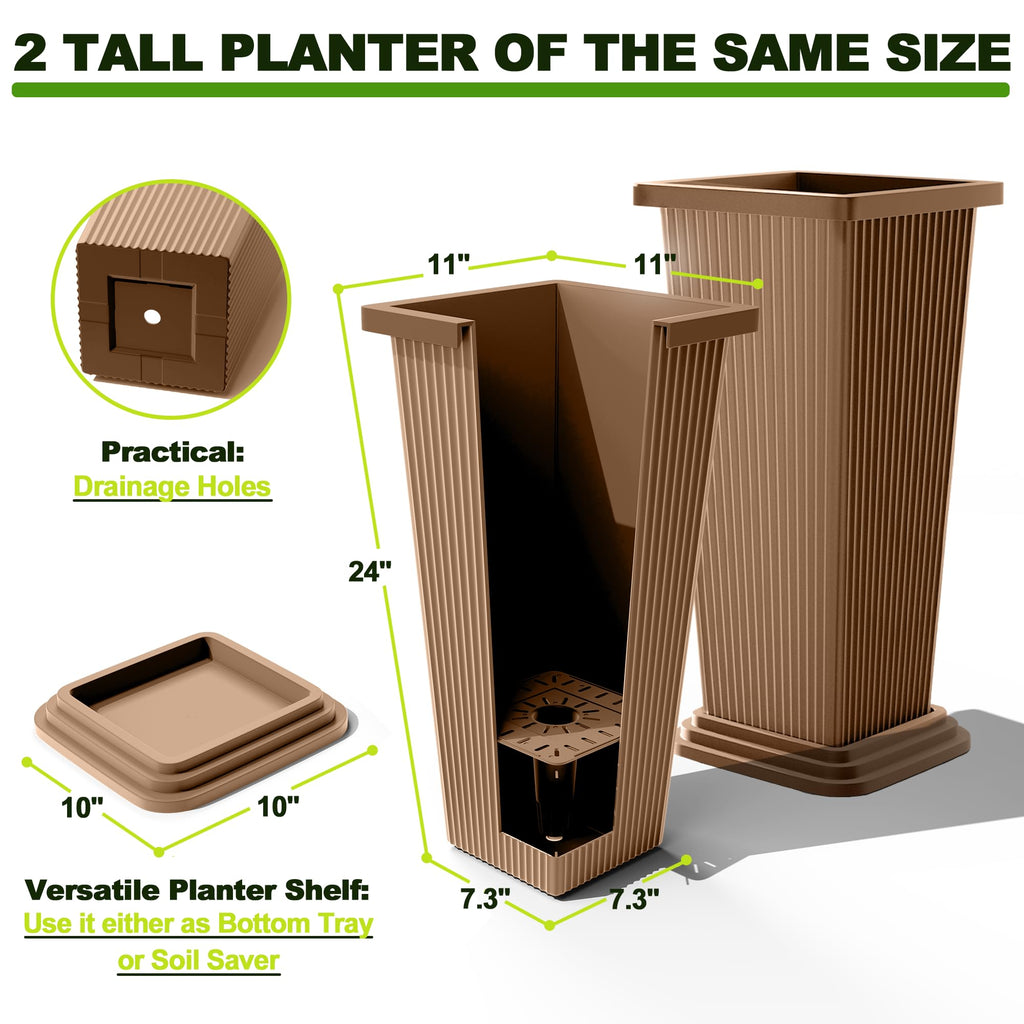 Set of 2 Tall Planters for Outdoor Plants, Brown Ribbed