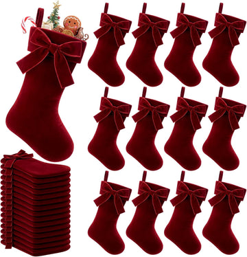Christmas Mini Stockings 9 Inches Burgundy Velvet Stocking with Bow - Set of 12