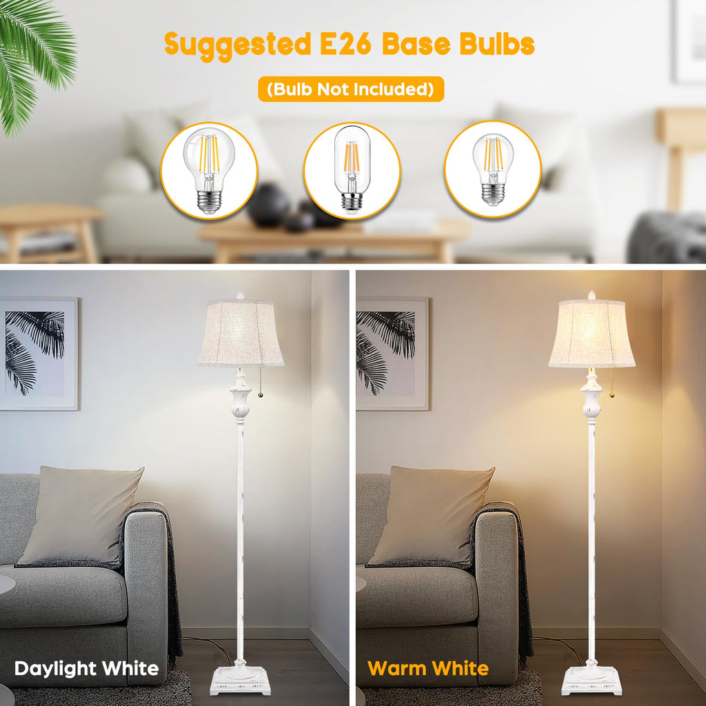 Rustic Vintage White Floor Lamp Bedroom, 64inch Traditional Tall Floor Lamp with White Linen Shade, Retro LED