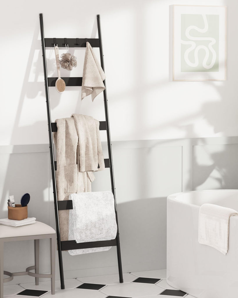 Blanket Ladder, 6-Tier Towel Holder with 4 Removable Hooks, Farmhouse Wall Leaning Decorative Rack Shelf, Wooden