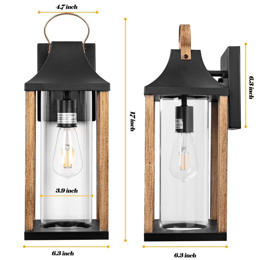 Outdoor Wall Light Rustic Wood Cylindrical Glass 17" Large