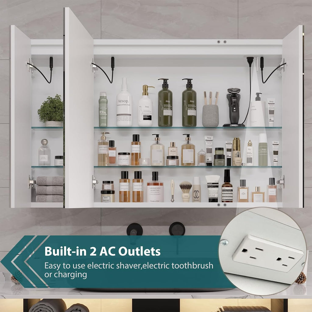 Medicine Cabinet with Mirror and LED Light, Wall Mounted Bathroom Mirror with Storage, 3 Doors Bathroom Wall Cabinet