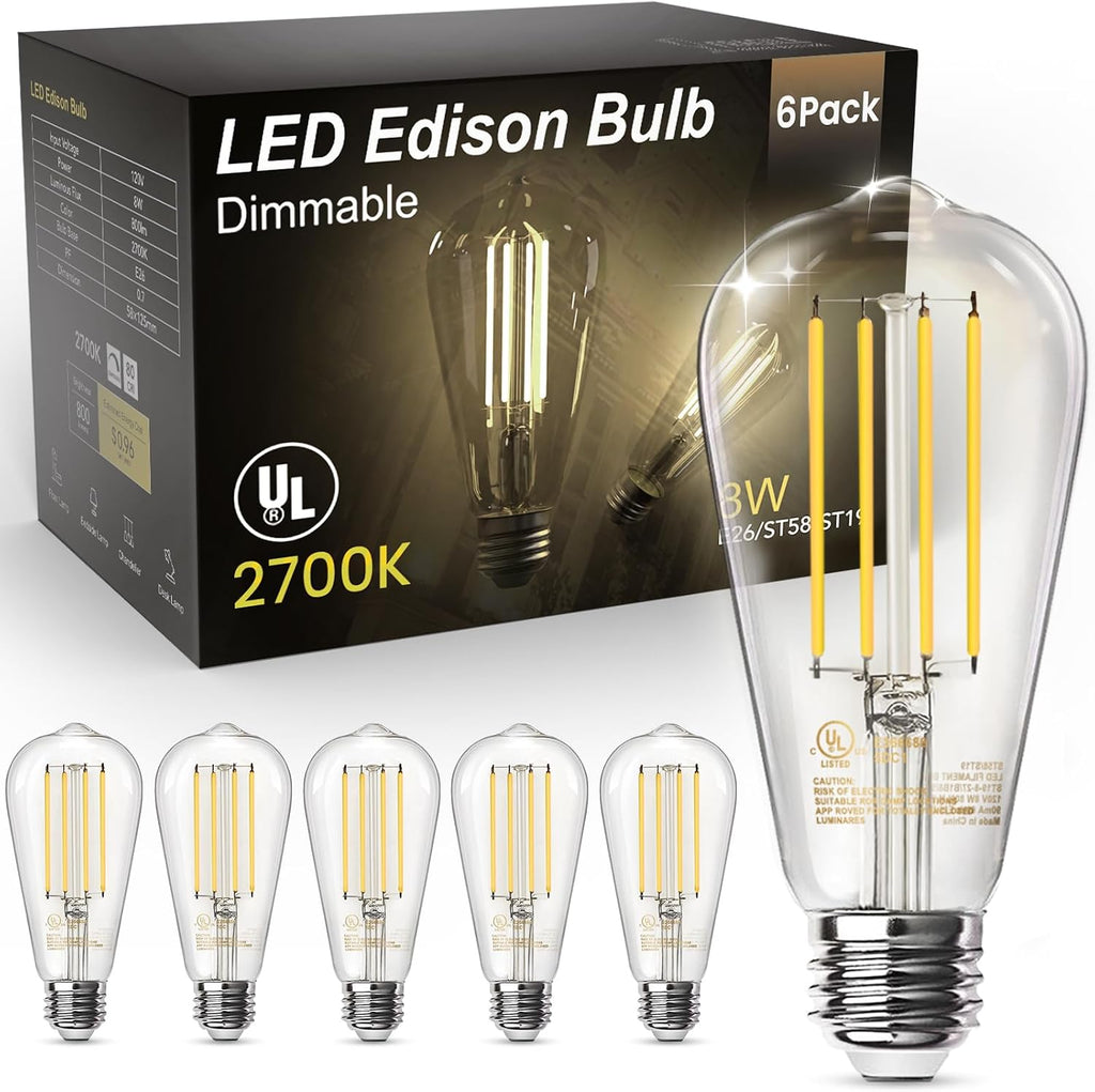 Edison Light Bulbs 60W Equivalent, Dimmable Vintage LED Light Bulbs, E26 Medium Base, Warm White 2700K, ST58, 8W