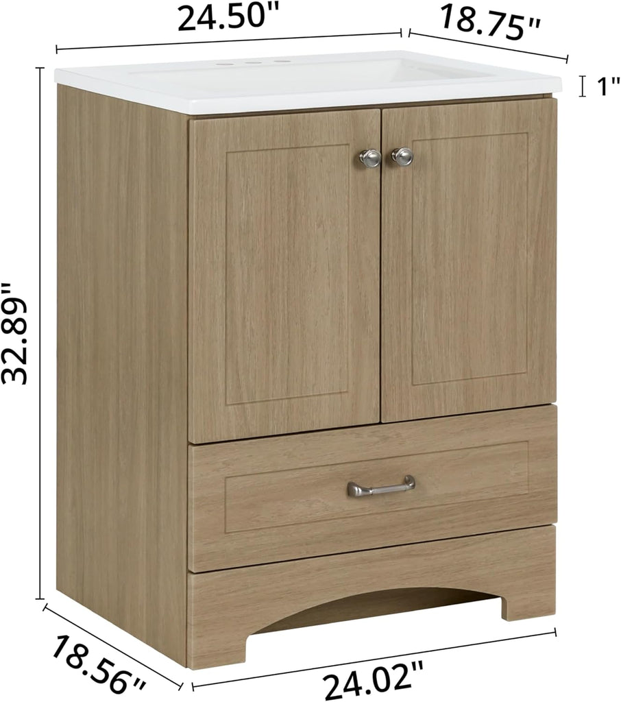 24 Inch Bathroom Vanity with White Single Sink Top, 2-Door Cabinet, 1 Drawer, 24.5" W x 18.75" D x 32.89" H, Sandy Oak A133-B0DW67KD3S