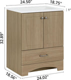 24 Inch Bathroom Vanity with White Single Sink Top, 2-Door Cabinet, 1 Drawer, 24.5" W x 18.75" D x 32.89" H, Sandy Oak A133-B0DW67KD3S