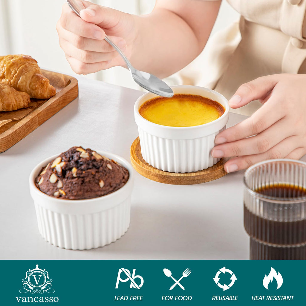 6 oz with Lid, Porcelain Creme Brulee Souffle Dishes, White Pudding Custard Cups Ramiken for Baking, Dishwasher and