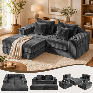 80" Cloud Modular Sectional Sofa, Boneless Corduroy Couch Sofa with Cup Holders & Side Pockets, L-Shaped Couch with