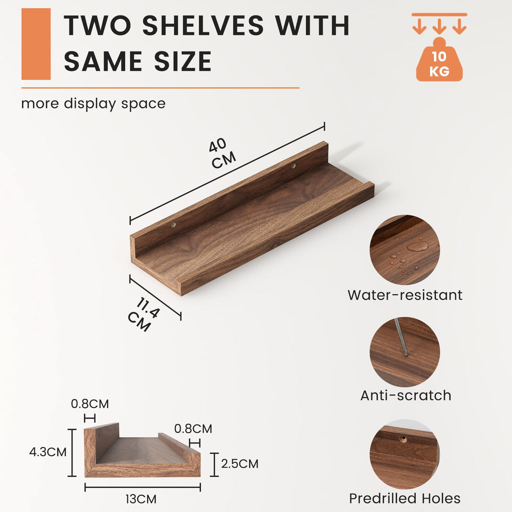 Picture Ledge Shelf, Floating Shelves for Wall, 16" W Set of 2, Walnut