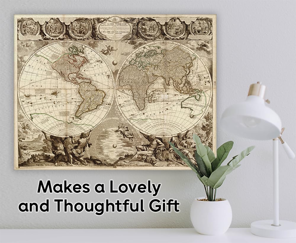 Le Globe Terrestre 28x36 Stretched Canvas Poster - Ready to Hang Vintage Double Hemisphere World Map Reproduction