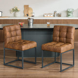 Faux Leather Dining Chairs Set of 2, Mid-Century Modern Armless Dining Room Chairs with Checkered Upholstery and Metal Legs, Coffee