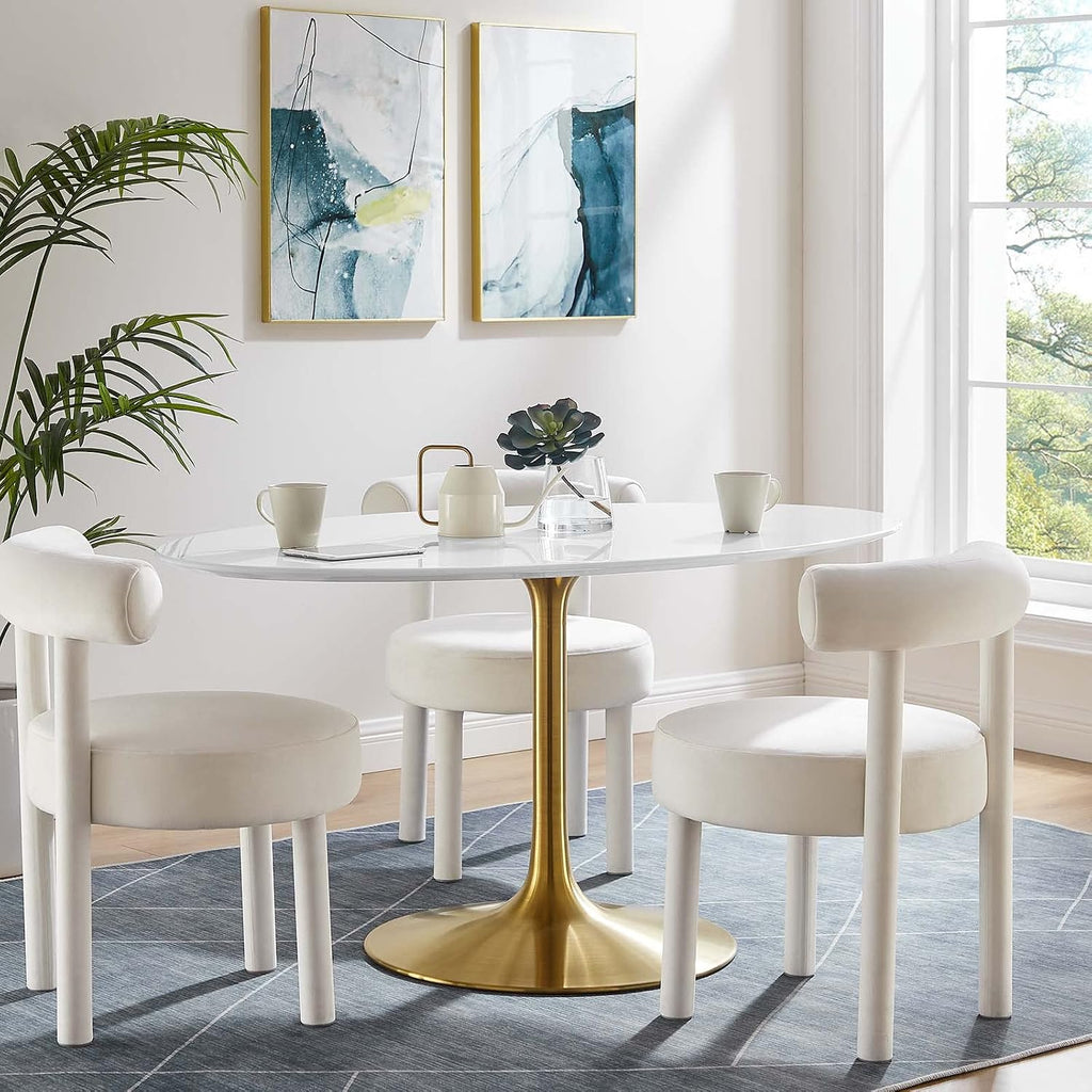 Inspired Tulip Style Oval Pedestal Dining Table — Gold Base / White Top, 60″ Oval