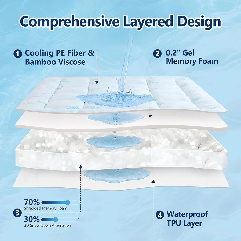 100% Waterproof Full Mattress Topper, Viscose Derived from Bamboo | Cooling Pillow Top Memory Foam Mattress Topper