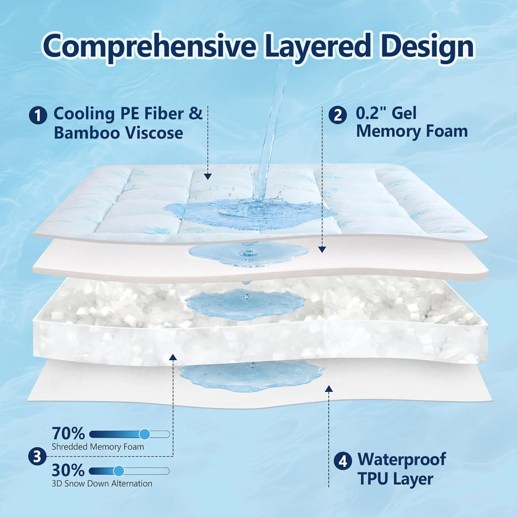 100% Waterproof Queen Mattress Topper, Viscose Derived from Bamboo | Cooling Pillow Top Memory Foam Mattress Topper