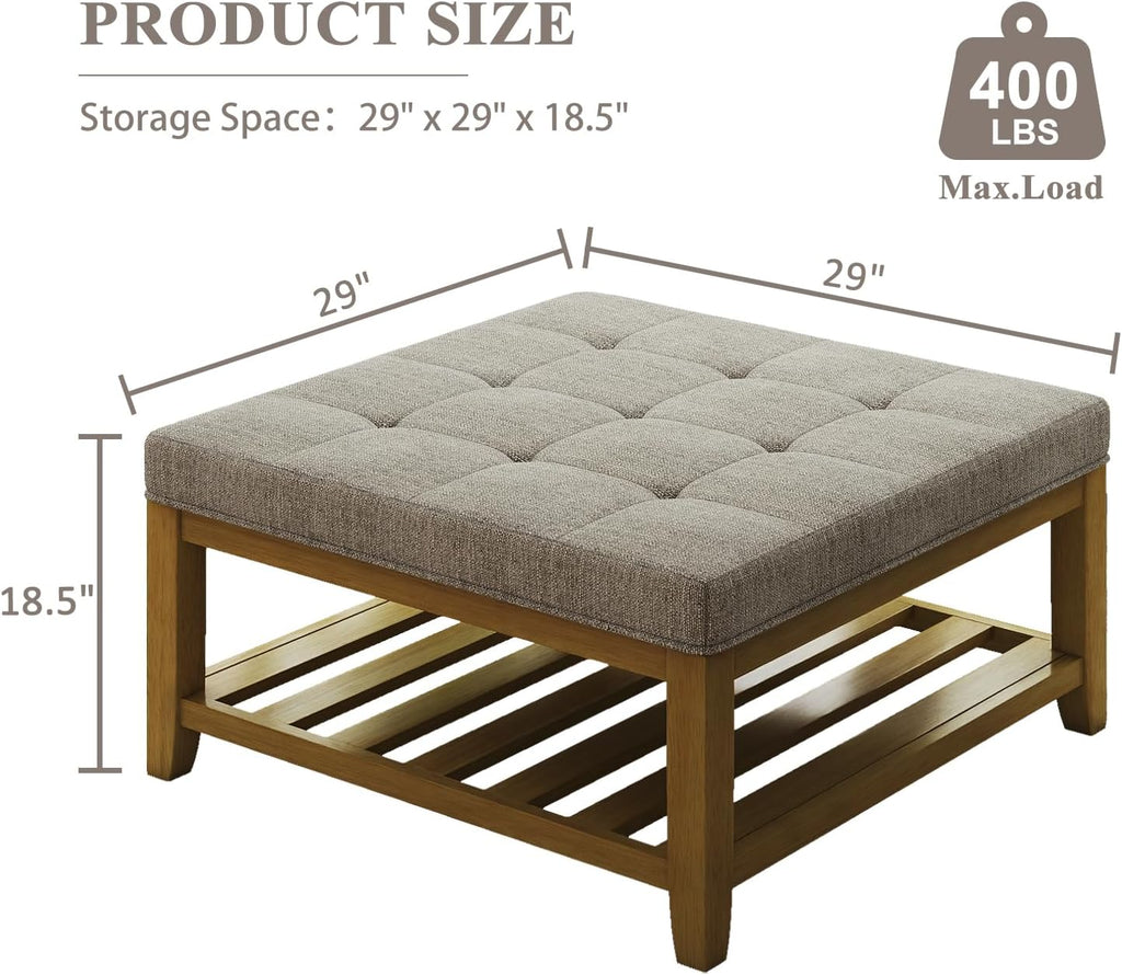 Large Square Ottoman Coffee Table, Linen Solid Upholstered Footrest Ottoman with Solid Wood Shelf Storage Tufted