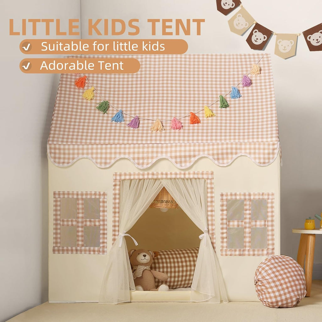 Kids Play Tent Indoor: with Brown Checkered, Mat, Rainbow Tissue Garland - Girl Tent Indoor Playhouse for Girls Kids