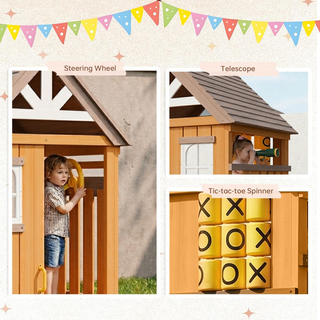 Wooden Swing Sets for Backyard - Outdoor Playset | 7 FT Wave Slide, 3 Swings, Play Kitchen, Toy Telescope, Steering