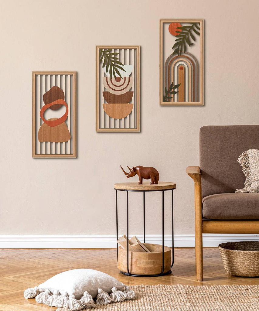 Boho Wall Art Set of 3, Modern Minimalist Wooden Wall Decor, Abstract Aesthetic Room Decorations, Mid-Century Modern