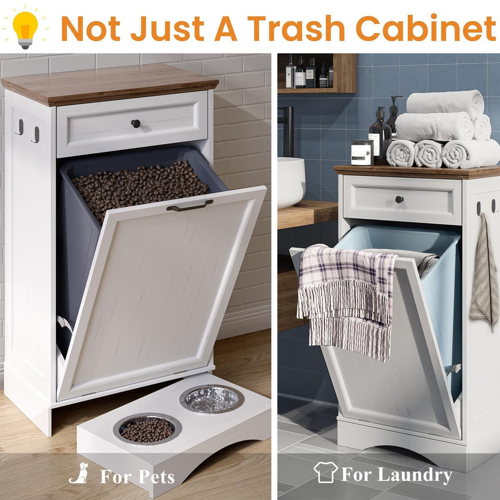 Tilt Out Trash Can Cabinet 10 Gallon Hidden Trash Garbage Can Cabinet with Drawer, Pet Proof Hidden Garbage, Laundry