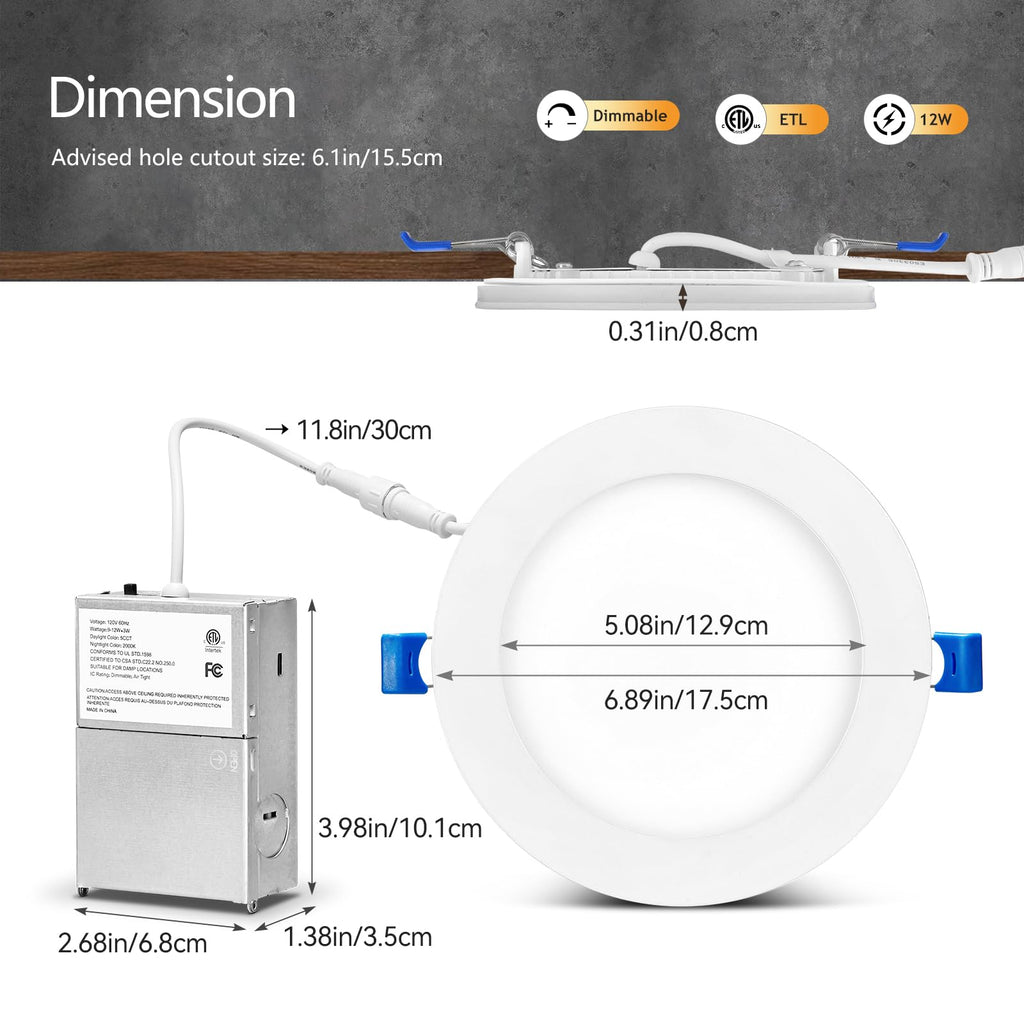 6 Inch LED Recessed Lighting with Night Light, 12 Pack, Dimmable