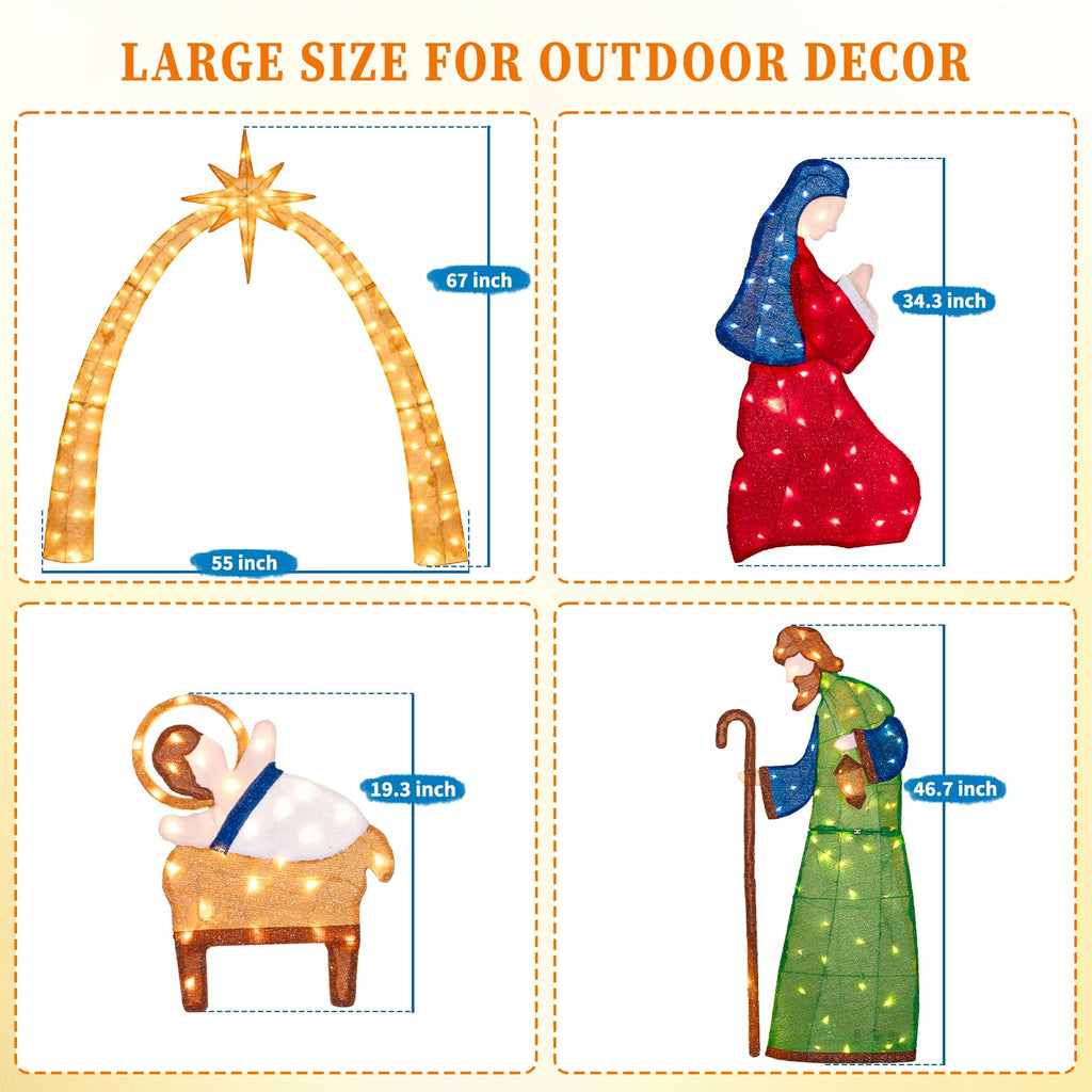 5.5 FT 2.5D Lighted Nativity Scene Outdoor Christmas Decoration, 210 Warm White LEDs Stained Glass Style Fabric