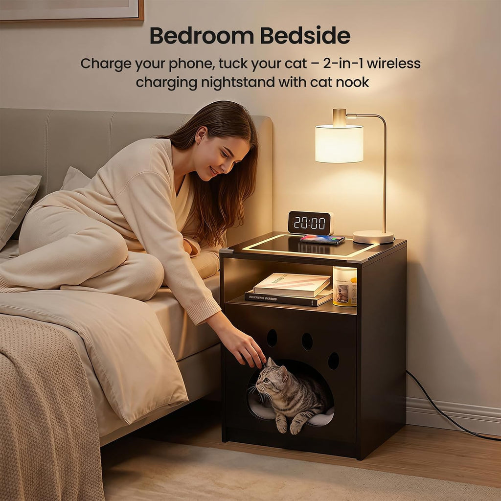 Cat House Night Cabinet with Charging Station & LED Lights, Modern Wooden Night Stand with Cozy Hidden Cat Condo