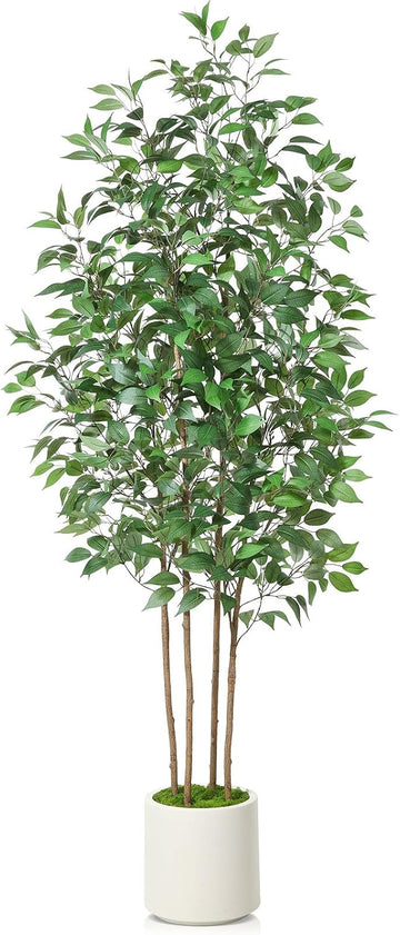 Ficus Artificial Tree 7ft Fake Silk Plant Decor Indoor, Faux Tree in White Imitation Ceramic Planter Fake Floor Plant