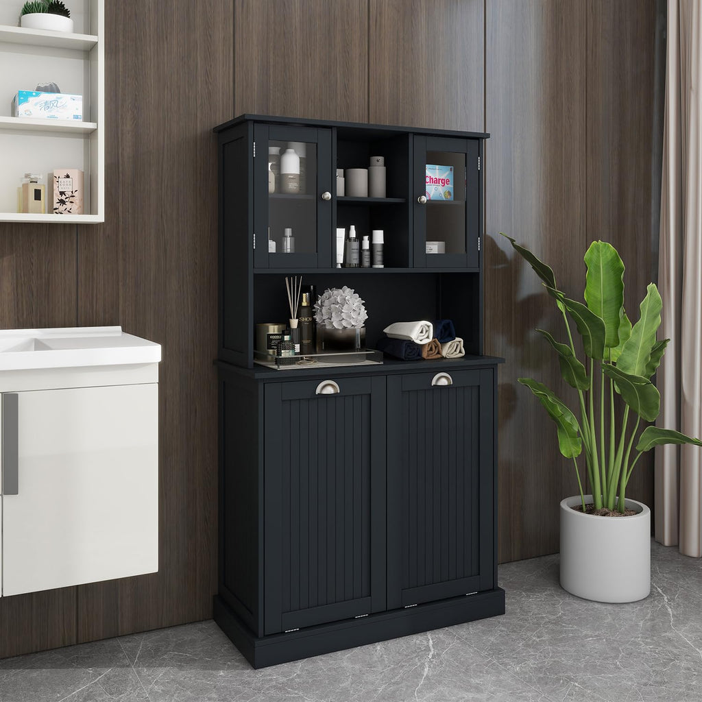 Tall Tilt Out Laundry Hamper Cabinet with 2 Removable Baskets, Laundry Room Cabinets and Storage Furniture with