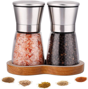 Salt and Pepper Grinder Set with Wooden Standing Tray, Refillable Pepper Mill Set - Brushed Stainless Steel - Short - Set of 2
