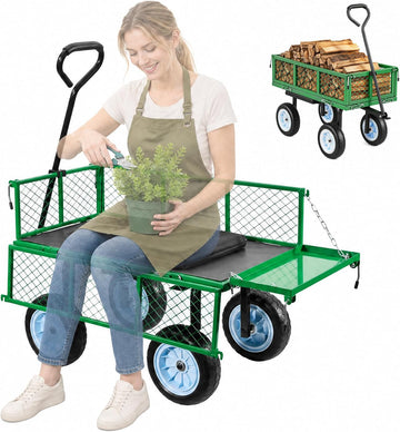 500 LBS Steel Garden Cart with Work Seat, Heavy Duty Garden Wagon Cart on Wheels, Outdoor Metal Utility Yard Wagon