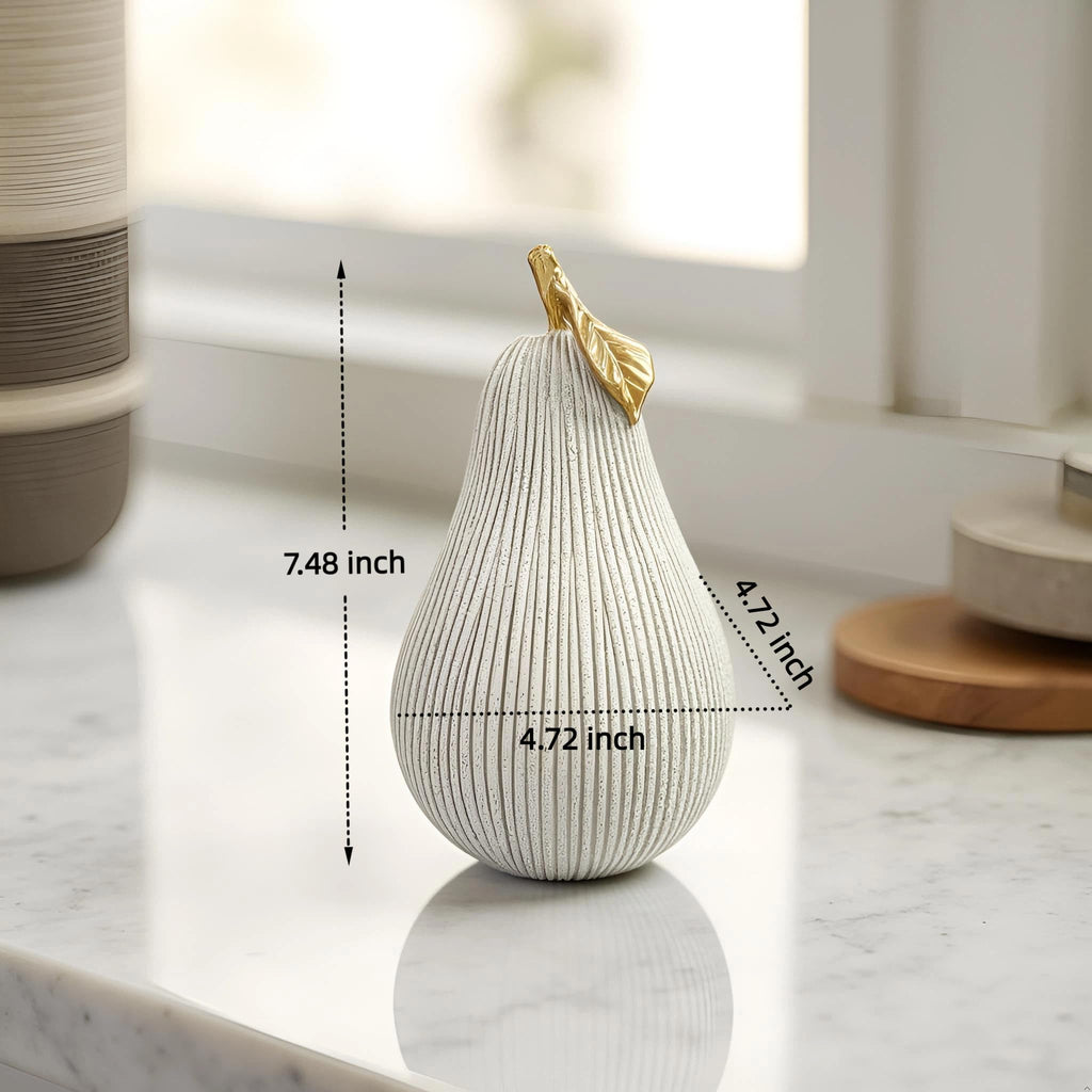 Gray-White Pear Figurine with Gold Leaf, Resin Pear Sculpture Decor, Minimalist Decorative Fruit Statue Counter