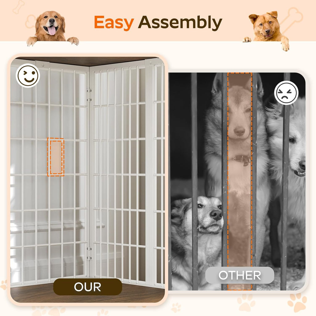 Foldable Dog Crate Furniture, Dog Crate with DIY Frame, Heavy Duty Dog Kennel Indoor with Hooks, Wooden Dog Cage End