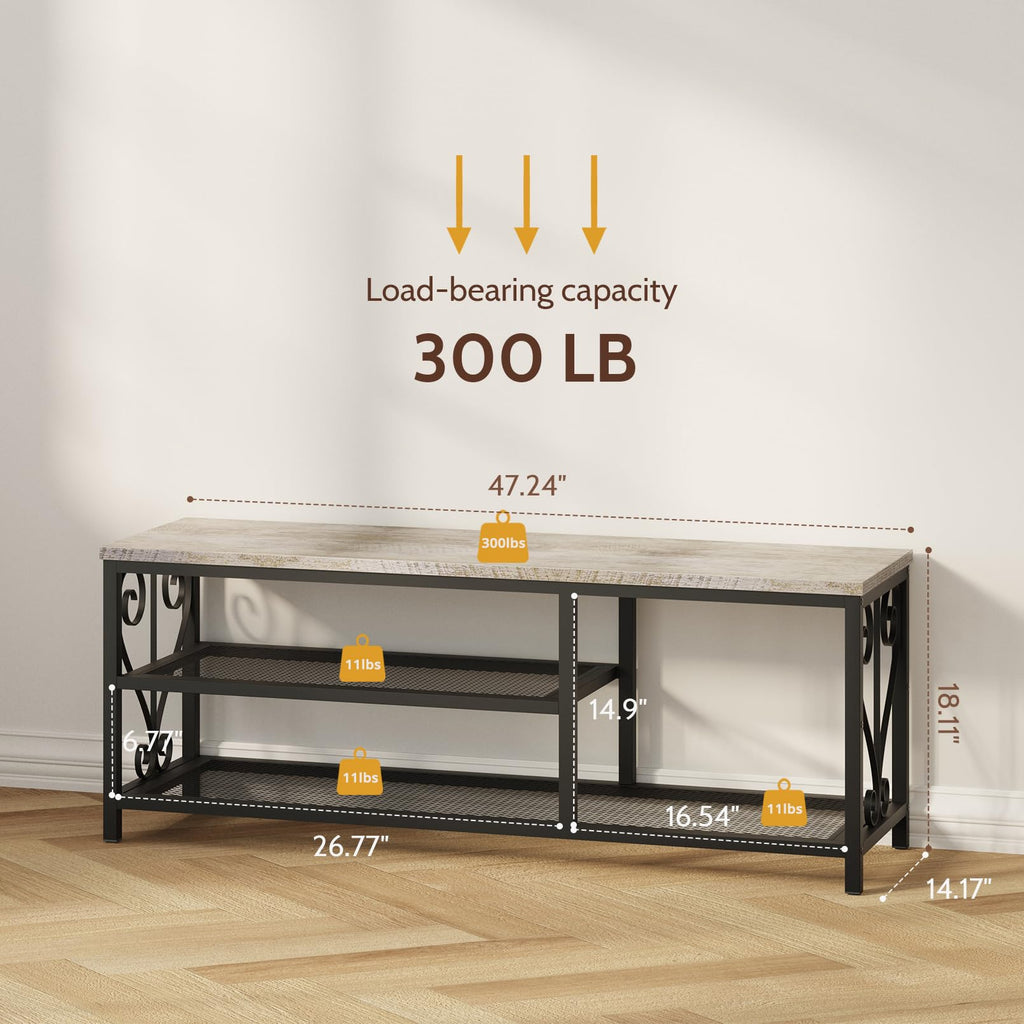 Entryway Storage Bench with Shoe Rack, 47.2" Wide Hallway Bench with Seating, Rustic Wood Top & Metal Frame, 2-Tier