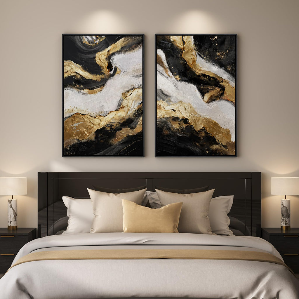 Framed Gold Abstract Modern Wall Art Set of 2, 24x36 Inch