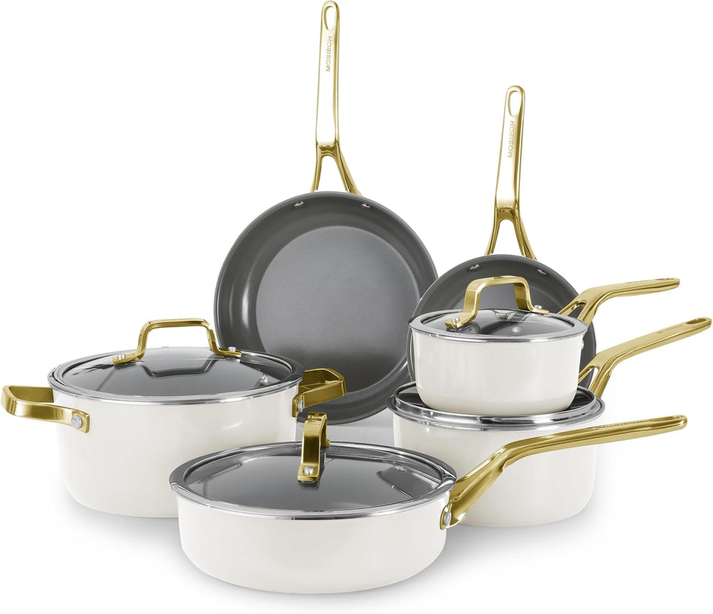 White 10 Piece Ceramic Cookware Set | Pots Pans for Family Meals | Include saucepan, saute pan, stockpot, frying