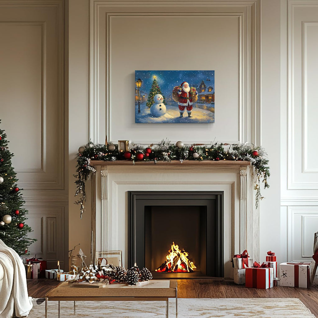 Vintage Christmas Canvas Wall Santa Claus and Snowman Painting 19th Century London New Year's Eve Street Scene Poster