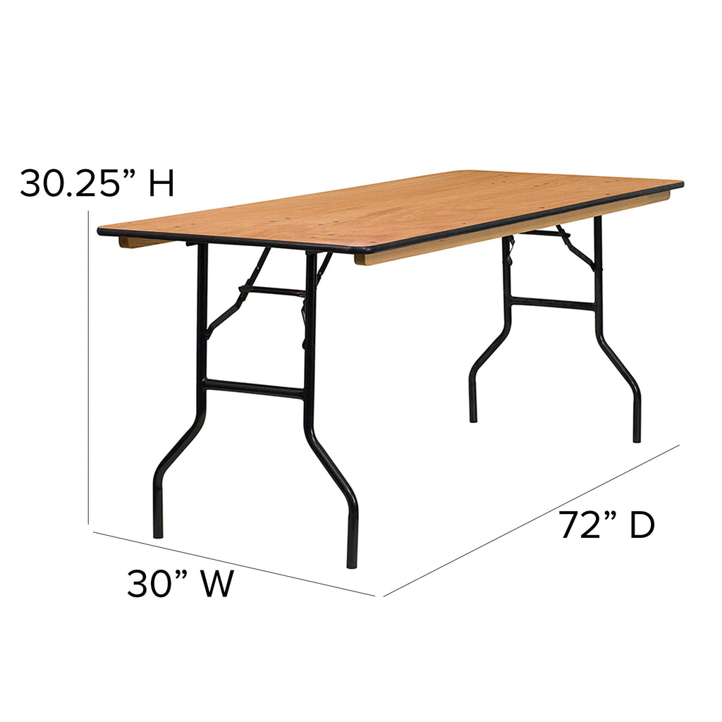 6 ft Wood Folding Banquet Table with Clear Coated Finish, 72" x 30"