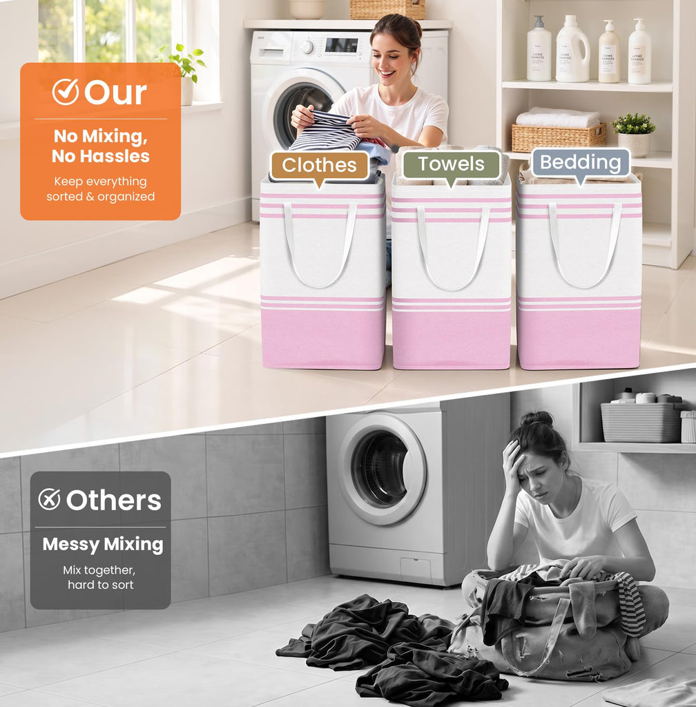 3-Pack Laundry Basket, Laundry Hamper, Pink-75L
