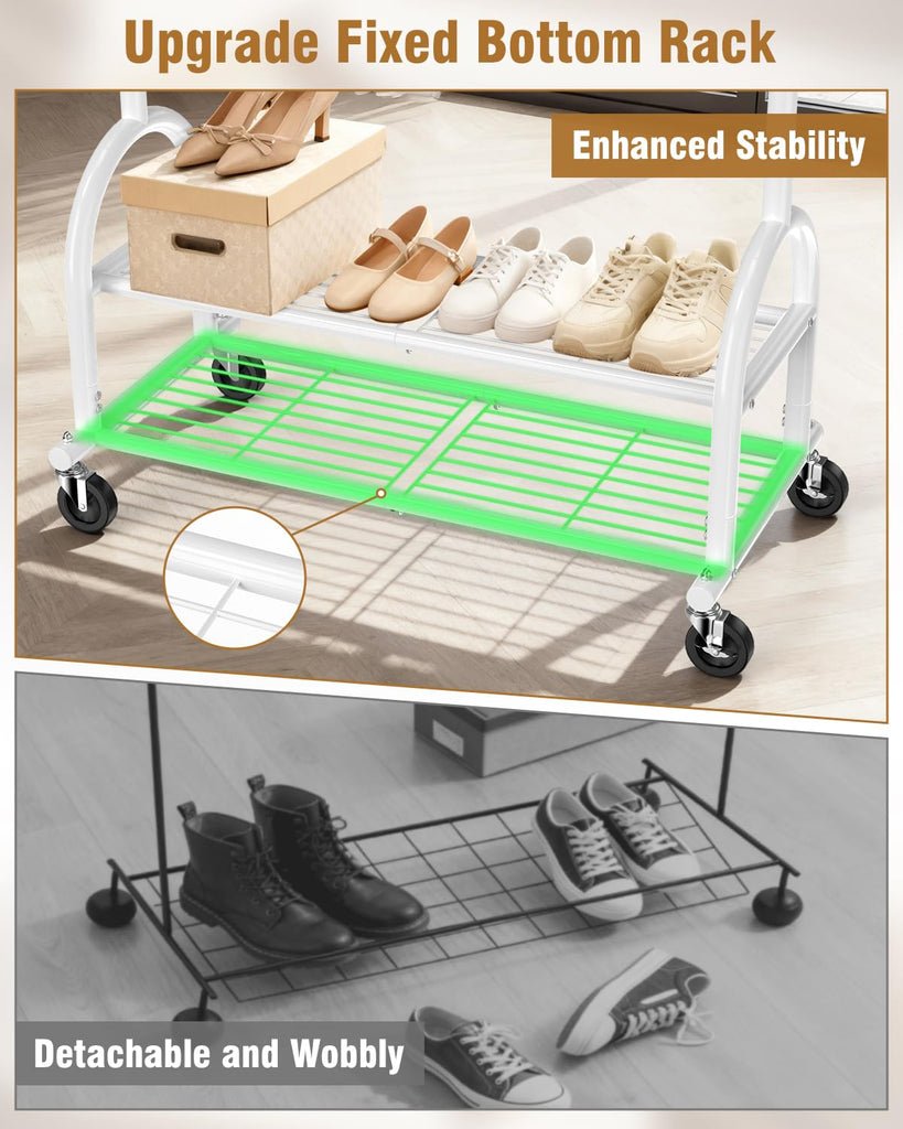 Rolling Clothes Rack Heavy Duty Clothing Racks with 2 Shelves, White