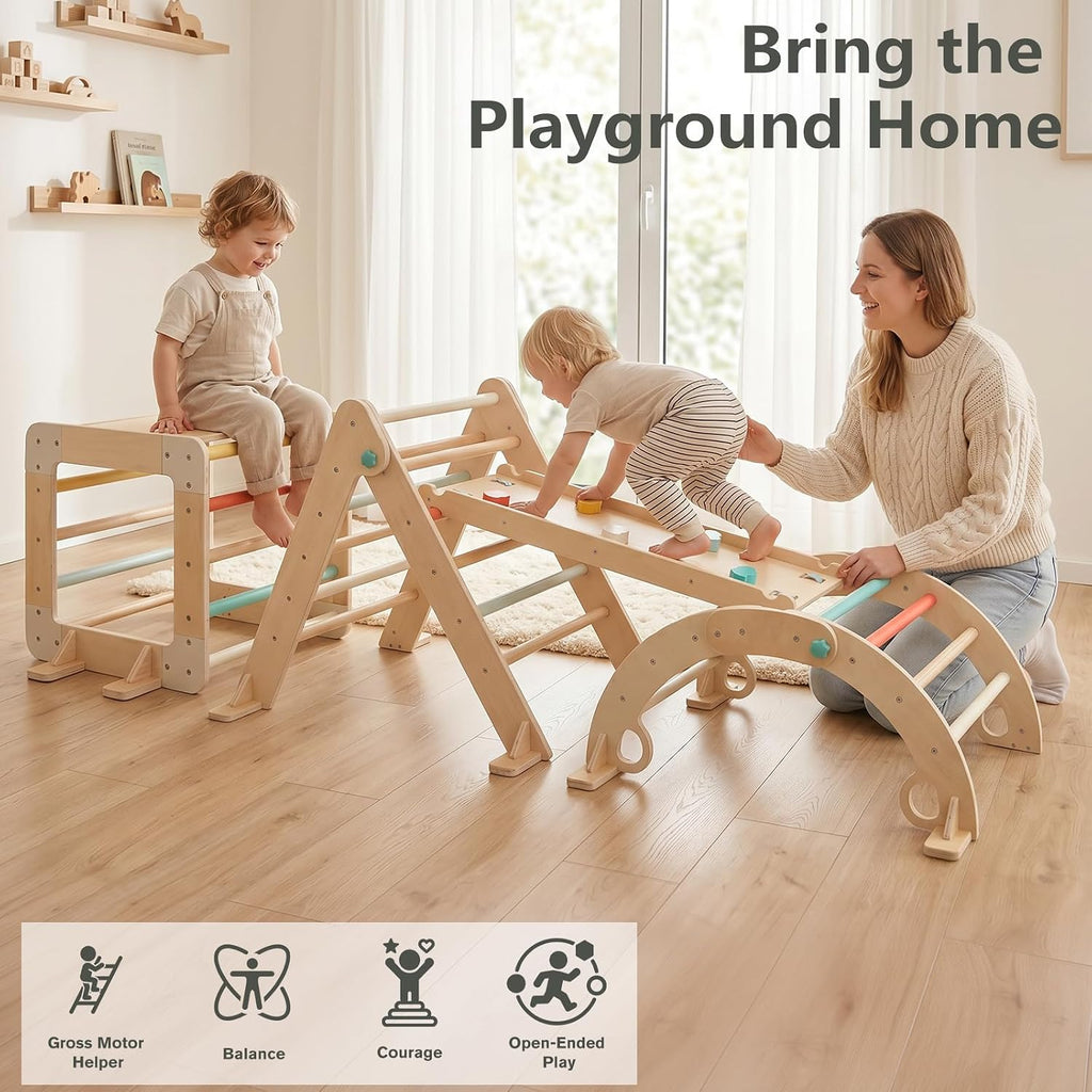 Triangle Set with Cube, Montessori Toddler Climbing Toys Indoor, Wooden Baby Jungle Gym with Climbing Arch and Ramp