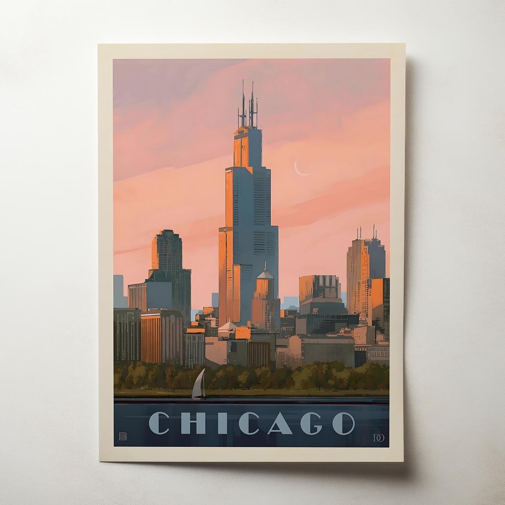 Chicago Vintage Travel Poster, Premium Giclee Fine Prints - Modern Aesthetic Wall Decoration, Eclectic Trendy Boho