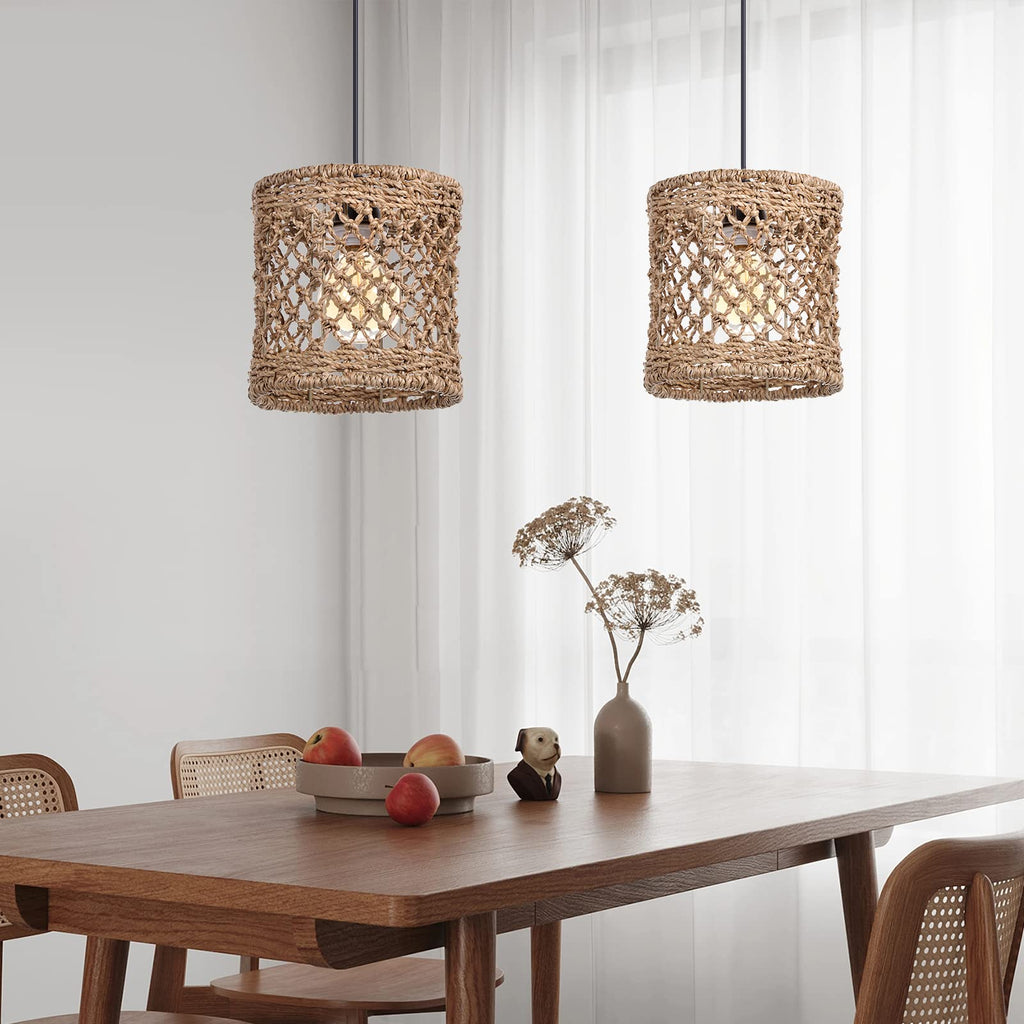 Boho Hand Woven Rattan Pendant Light Fixture, Mini Farmhouse Natural Chandelier Lighting, Retro Wicker Hanging Lamp