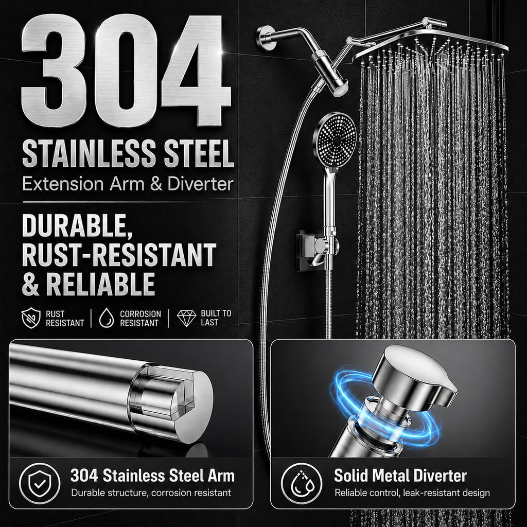 High Pressure Rain Shower Head with Handheld, 11.8-Inch Large Rainfall Shower Head Combo with 3-Way Diverter, 15-Inch
