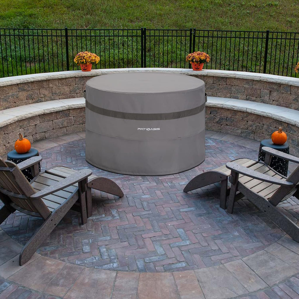 Grey Round Firepit Table Cover 32''Dia Waterproof Outoor Patio Gas Fire Bowl Cover 600D All Weather Resistant Fire