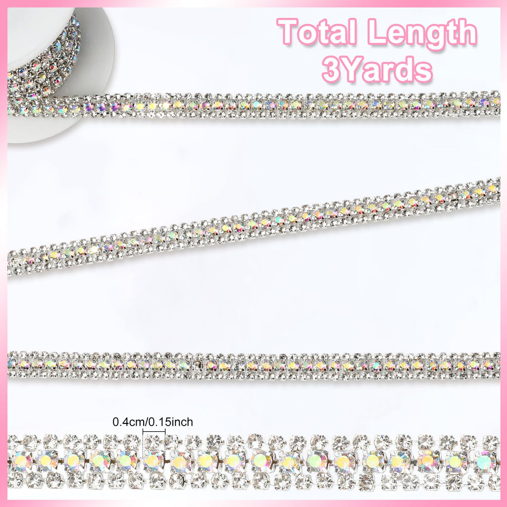 Rhinestone Chain, 3 Yard 3 Row Rhinestone Trim, Silver Bling Diamond Rhinestones Strips Glitter Bling Crystal