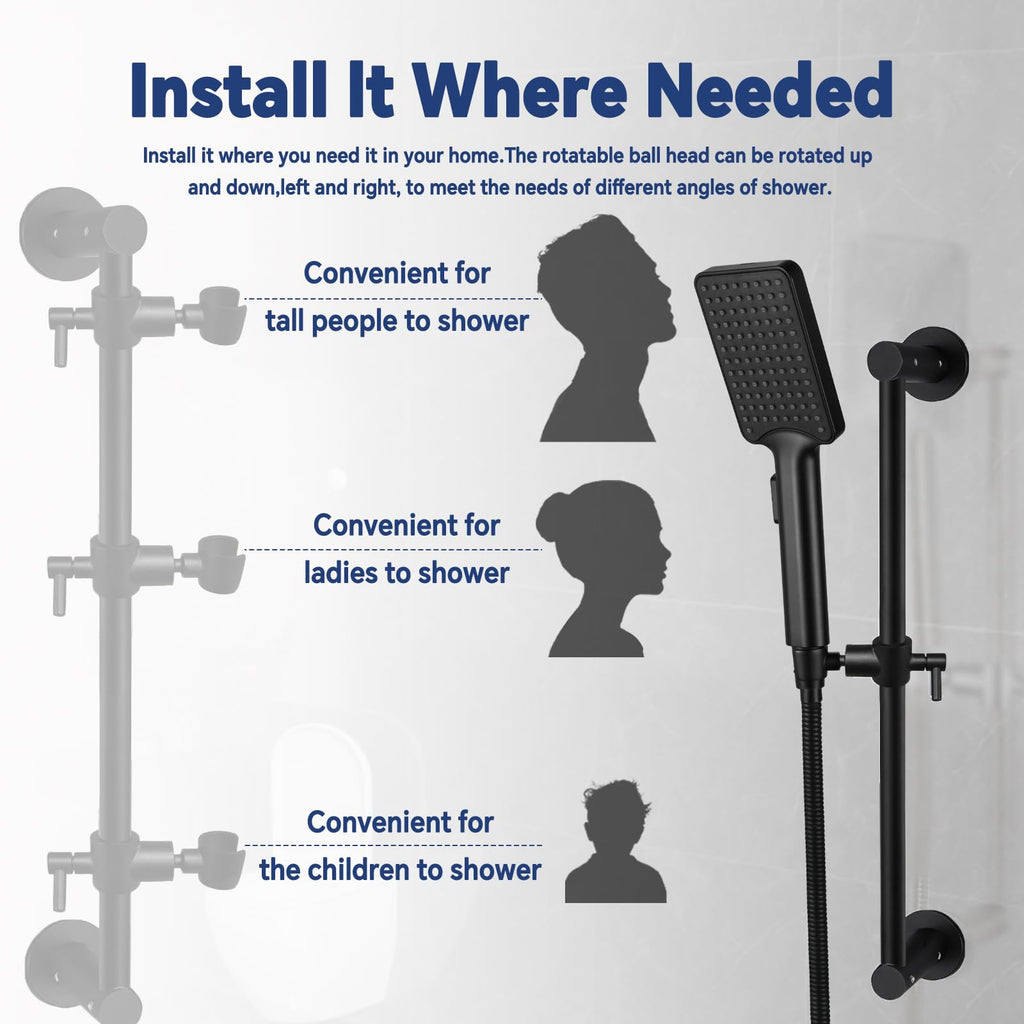 Shower Slide Bar Adjustable Handheld Shower Head Holder Wall Mount - 15inch All-Metal Shower Head Slide Bar