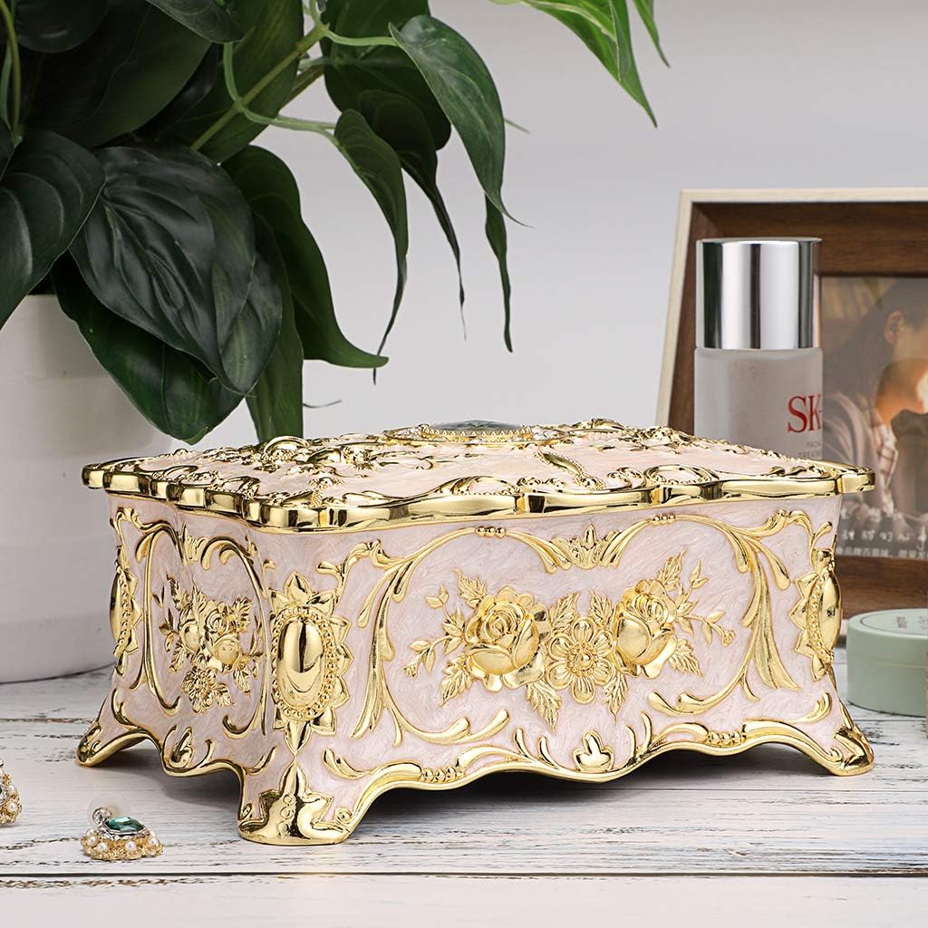 Vintage Metal Jewelry Box - Two Layer Large Trinket Organizer, Beige