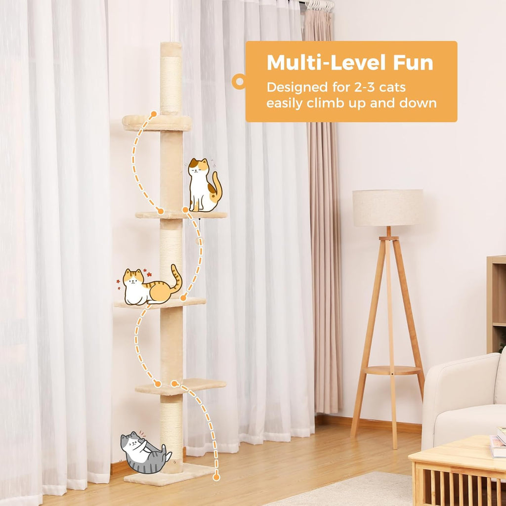 5-Tier Floor to Ceiling Cat Tree, 95-107In Tall Cat Tower Beige